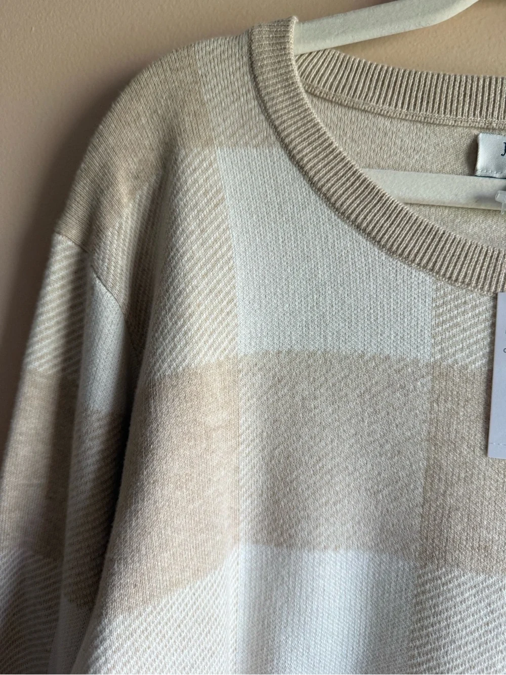 J. Crew Beige and Cream Check Crewneck Sweater